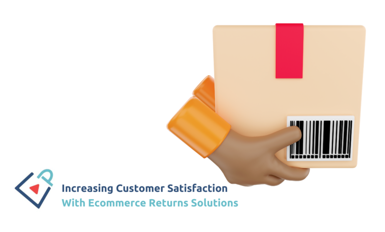 Text reads "Increasing Customer Satisfaction With Ecommerce Returns Solutions" with an image of hands holding a shipping box with retail barcode and packing tape