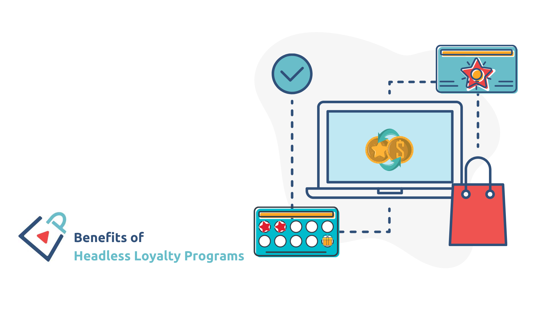 Text reads "benefits of headless loyalty programs" with flat grpahic computer, shopping bag, and other ecommerce icons